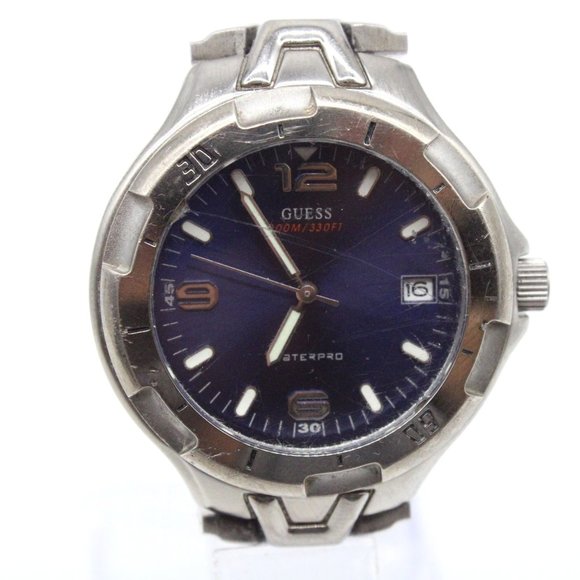 Guess Waterpro Watch Mens Silver Tone Stainless Steel Classic Quartz Blue Dial - Picture 2 of 7